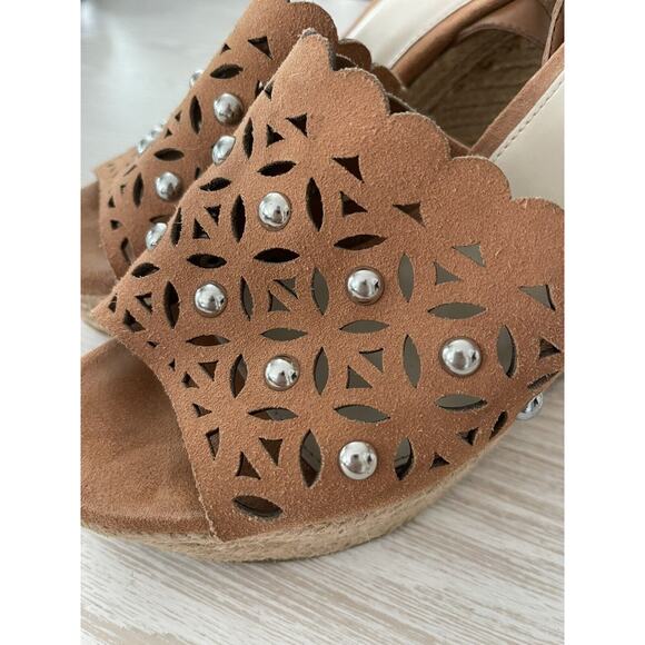 Marc Fisher Hata Wedge Espadrille Sandals‎ Brown Suede Laser Cut Studded Size 8 - Picture 5 of 5
